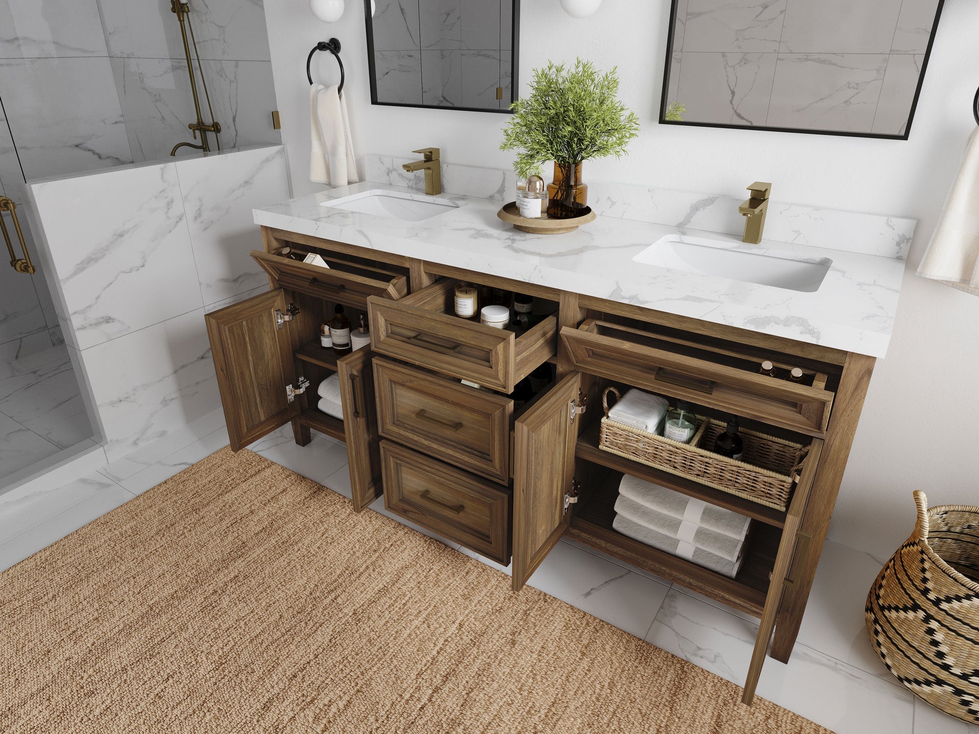 Santa Monica Teak Wood 72 in. W x 22 in. D Double Sink Bathroom Vanity - Willow Bath and Vanity