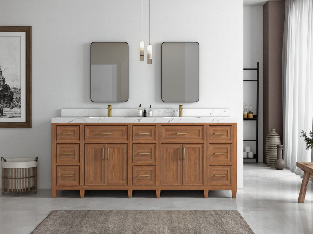 Santa Monica Teak Wood 84 in. W x 22 in. D Double Sink Bathroom Vanity - Willow Bath and Vanity