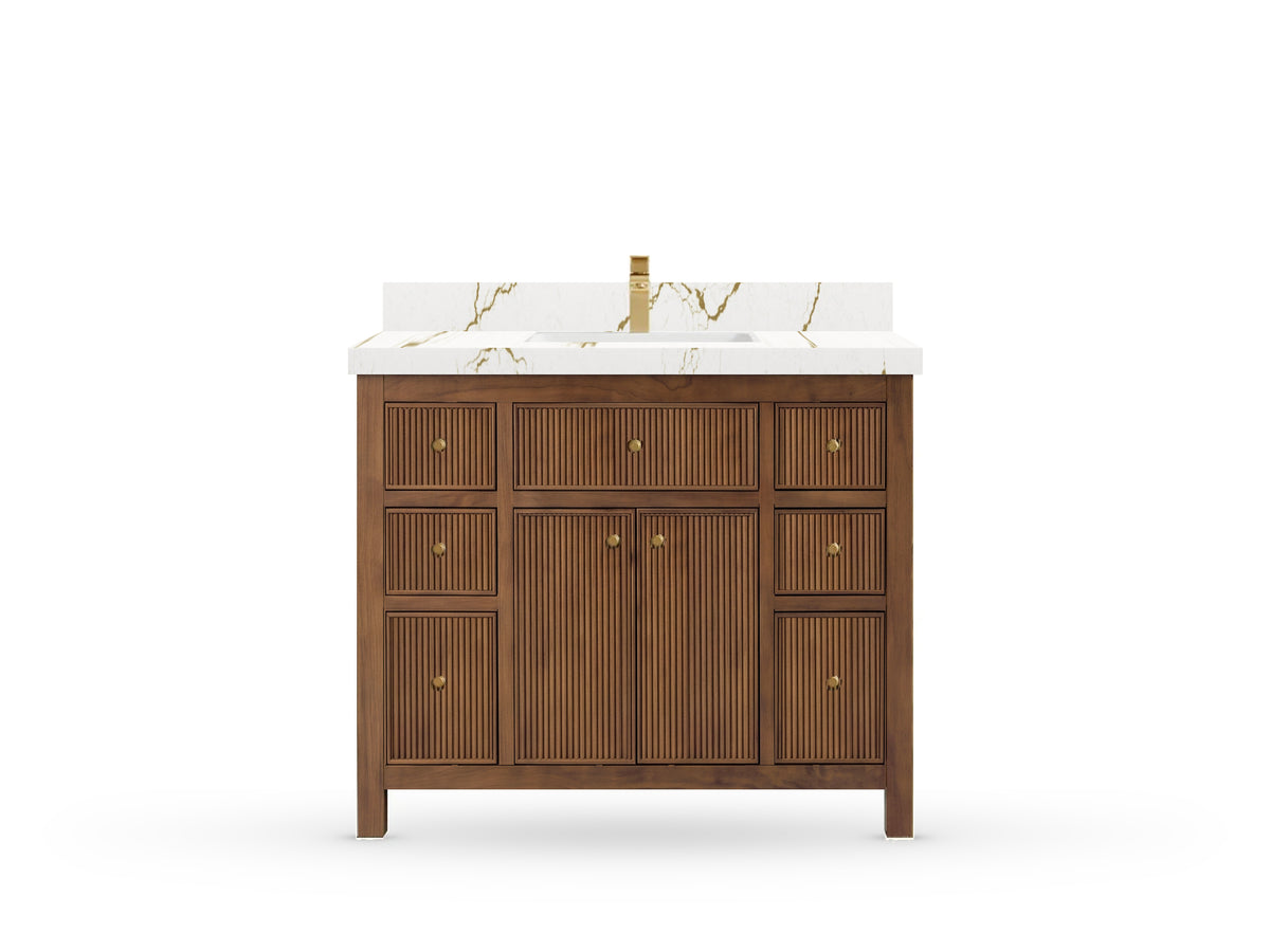 Sonoma42 Dark Natural Teak vanity with Berkshire Brass Quartz, Straight / Mitered, front view