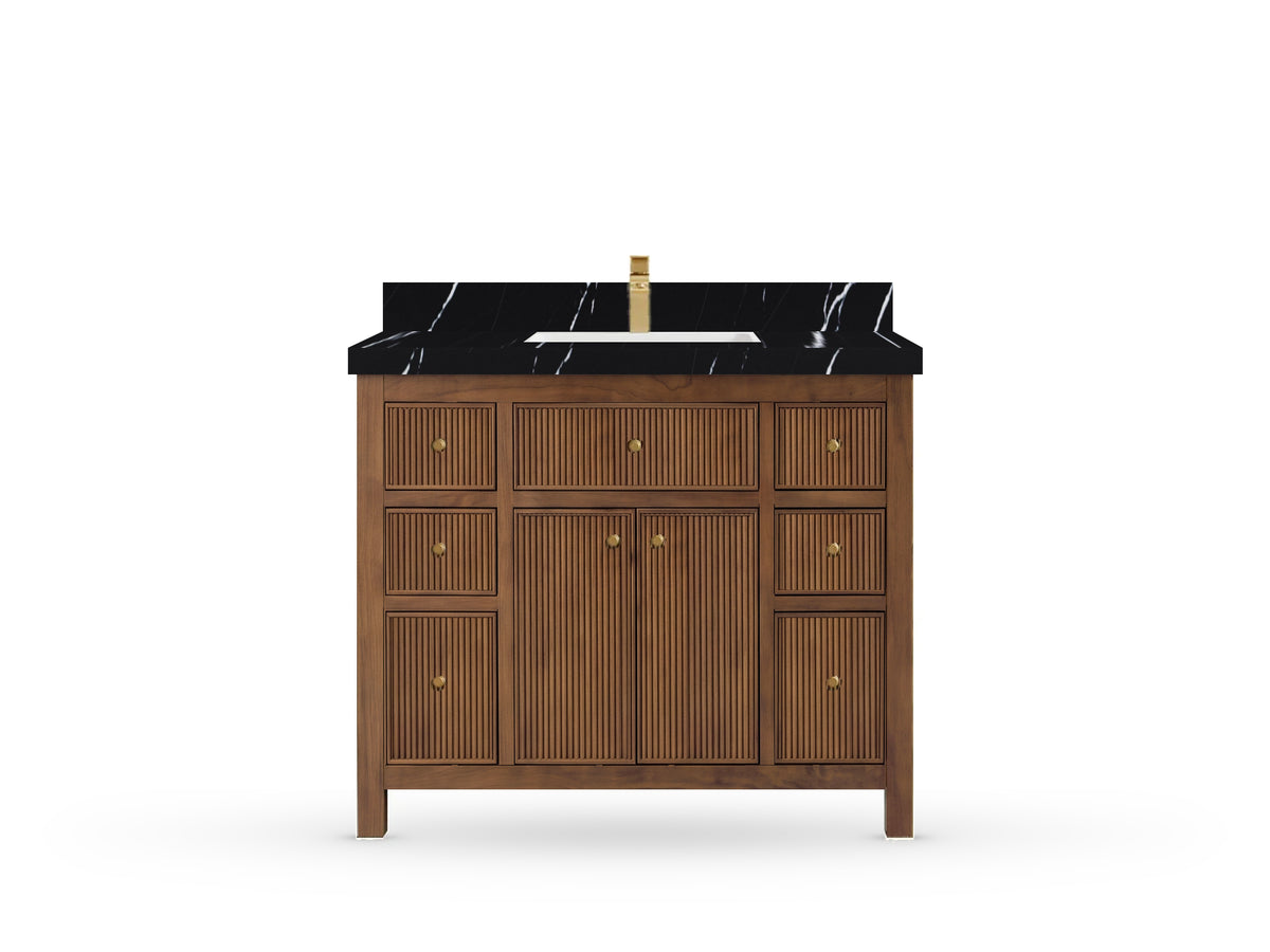 Sonoma42 Dark Natural Teak vanity with Calacatta Black Quartz, Straight / Mitered, front view