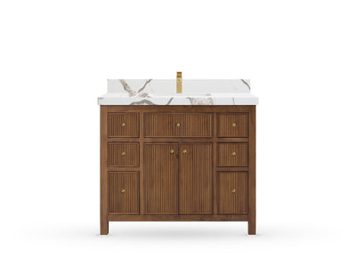 Sonoma42 Dark Natural Teak vanity with Calacatta Gold Quartz, Straight / Mitered, front view