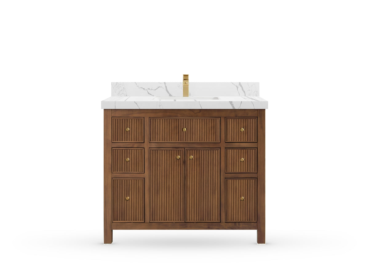 Sonoma42 Dark Natural Teak vanity with Calacatta Laza Quartz, Straight / Mitered, front view
