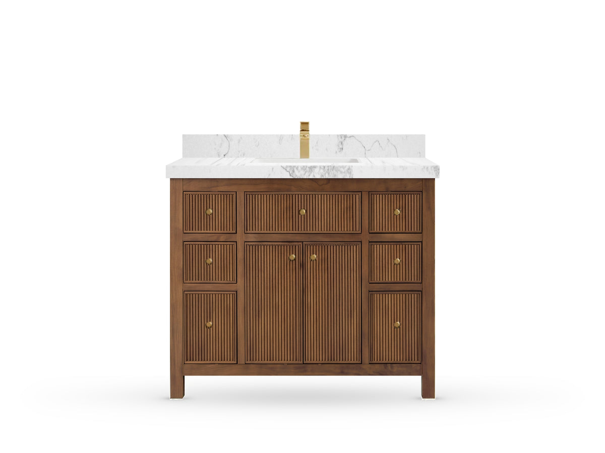 Sonoma42 Dark Natural Teak vanity with Calacatta Nuvo Quartz, Straight / Mitered, front view