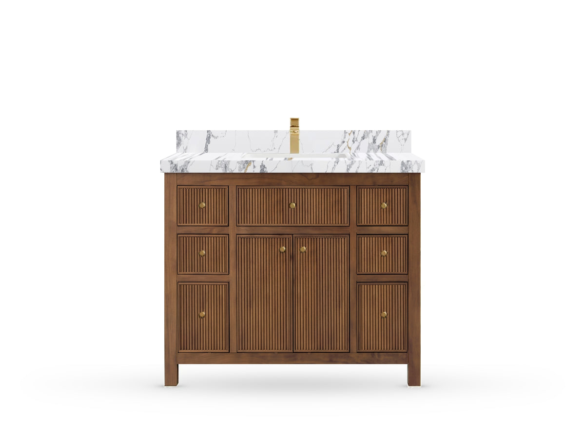 Sonoma42 Dark Natural Teak vanity with Calacatta Poanazzo Quartz, Straight / Mitered, front view