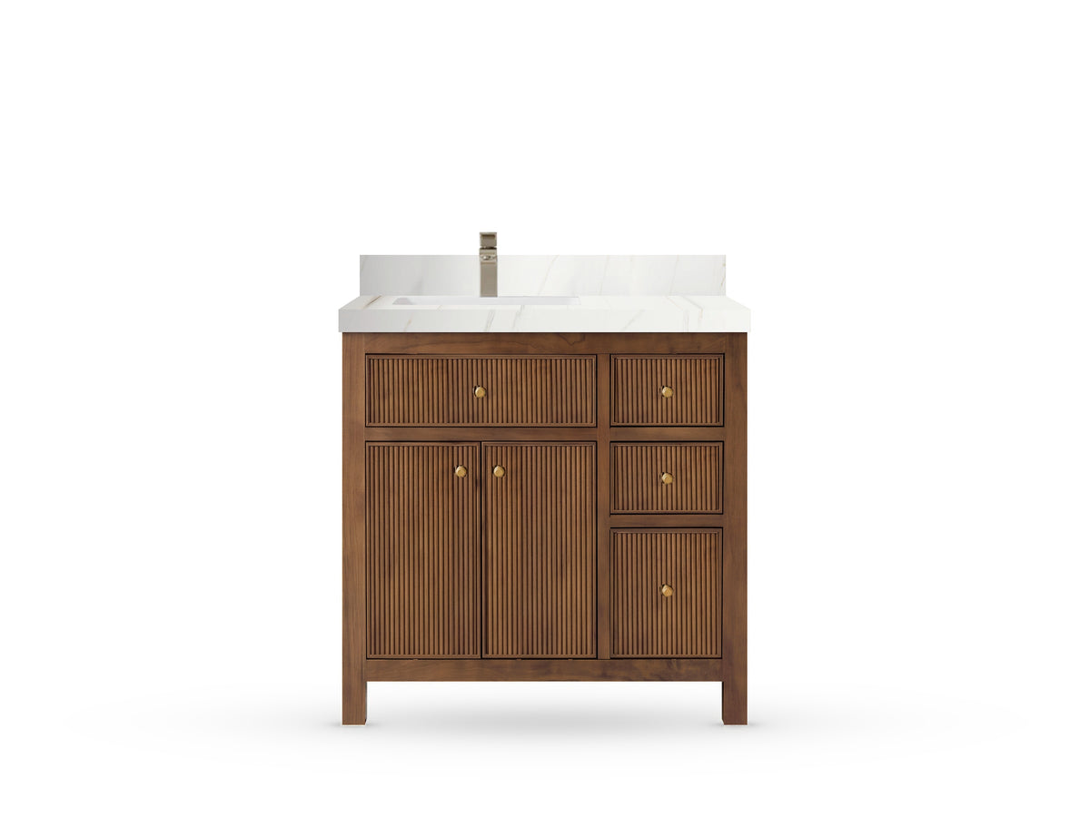 Sonoma Reeded Teak Wood 36 in. W x 22 in. D Left Offset Sink Bathroom Vanity