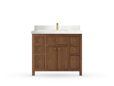 Sonoma42 Dark Natural Teak vanity with Calacatta Sienna Quartz, Straight / Mitered, front view
