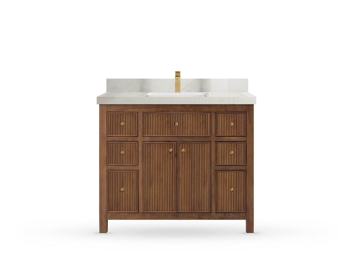 Sonoma42 Dark Natural Teak vanity with Carrara Quartz, Straight / Mitered, front view