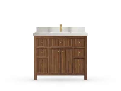 Sonoma42 Dark Natural Teak vanity with Carrara Quartz, Straight / Mitered, front view