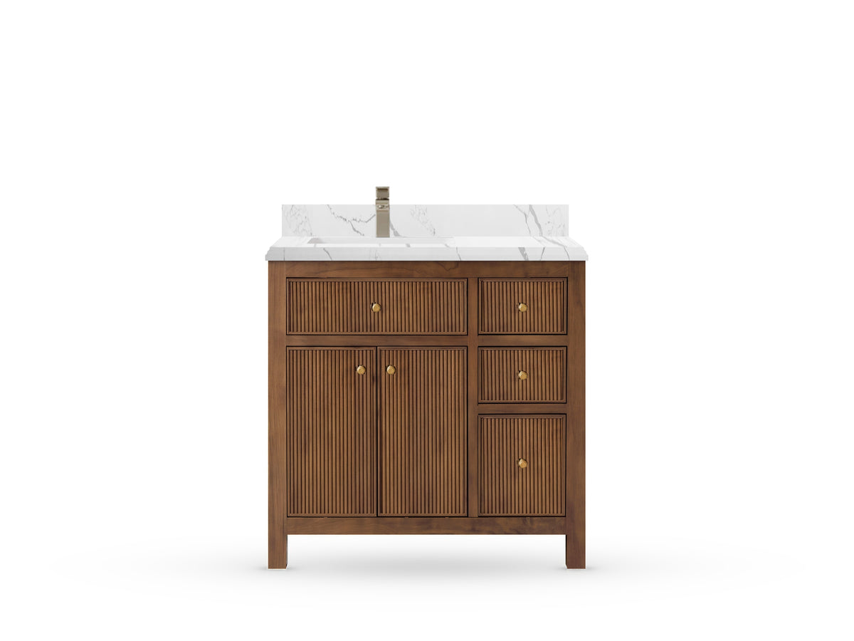 Sonoma Reeded Teak Wood 36 in. W x 22 in. D Left Offset Sink Bathroom Vanity
