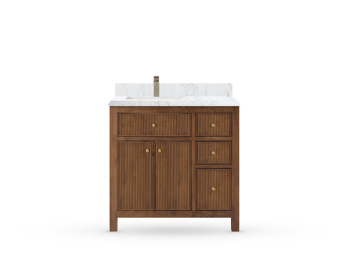 Sonoma Reeded Teak Wood 36 in. W x 22 in. D Left Offset Sink Bathroom Vanity