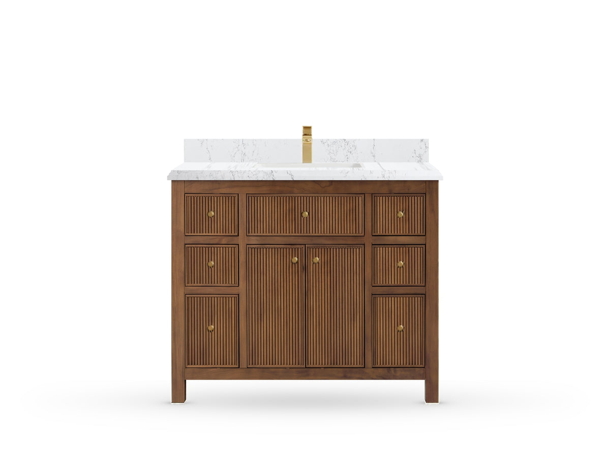 Sonoma42 Dark Natural Teak vanity with DC Empira Quartz, Double Cove, front view