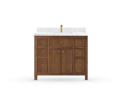 Sonoma42 Dark Natural Teak vanity with DC Empira Quartz, Double Cove, front view