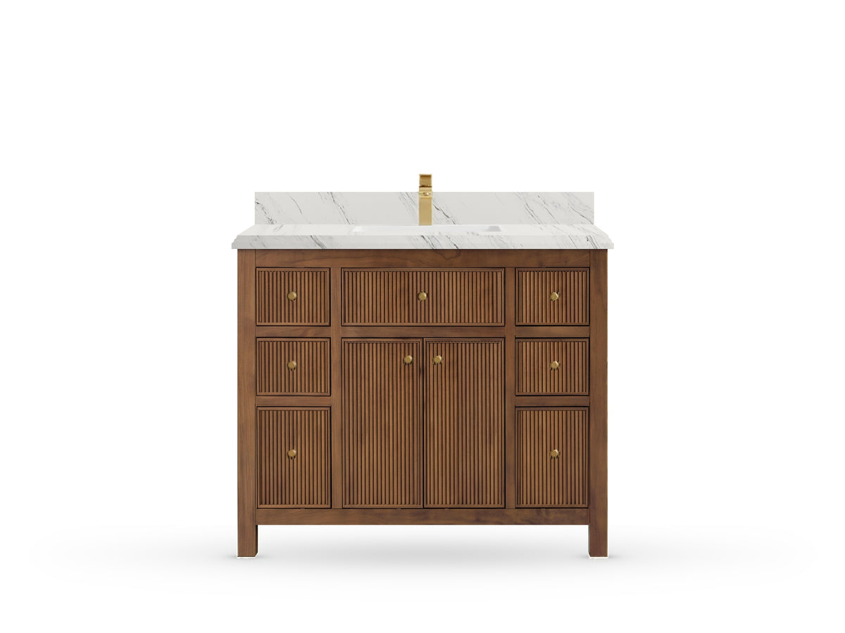 Sonoma42 Dark Natural Teak vanity with DC Palissandro Quartz, Double Cove, front view
