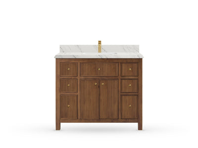 Sonoma42 Dark Natural Teak vanity with DC Palissandro Quartz, Double Cove, front view