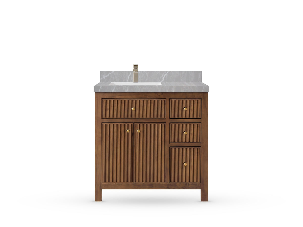 Sonoma Reeded Teak Wood 36 in. W x 22 in. D Left Offset Sink Bathroom Vanity