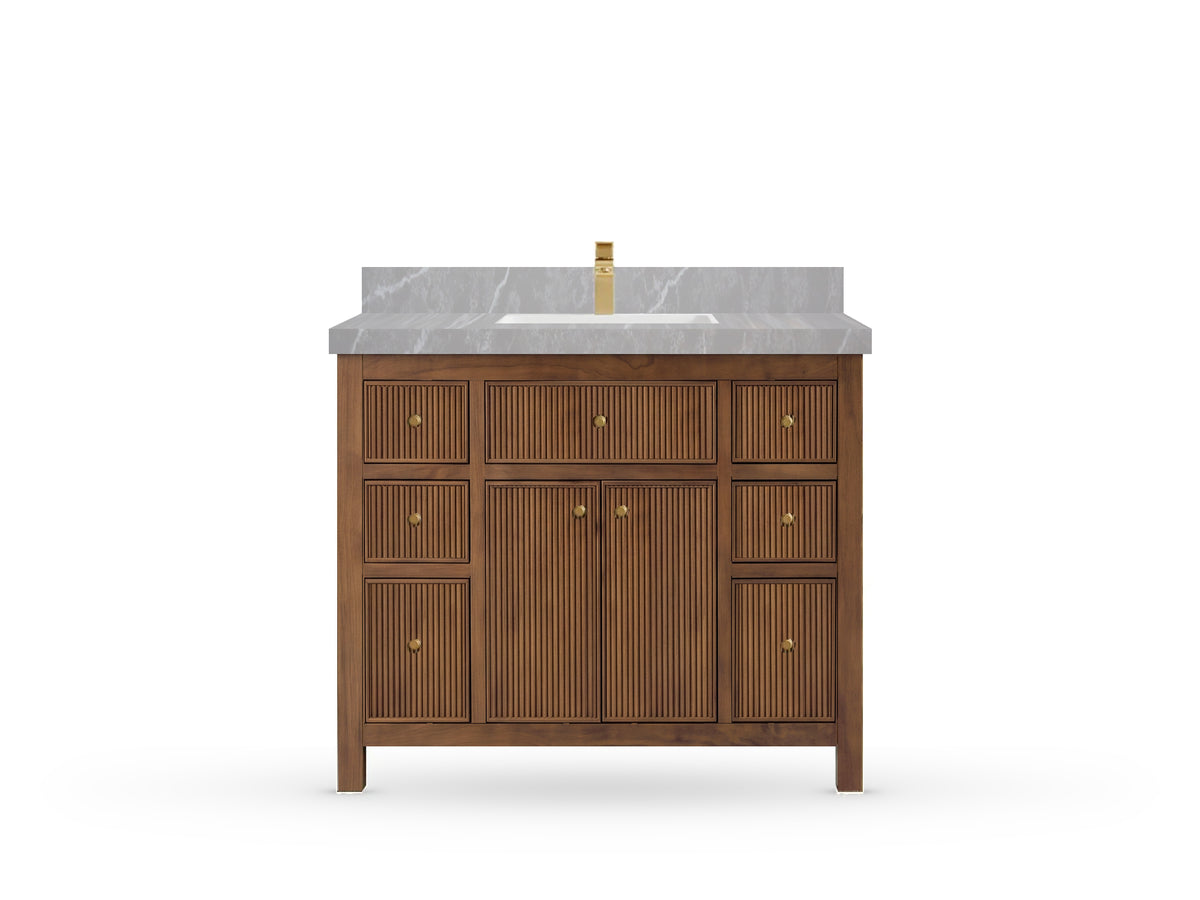 Sonoma42 Dark Natural Teak vanity with Pearl Light Gray Quartz, Straight / Mitered, front view