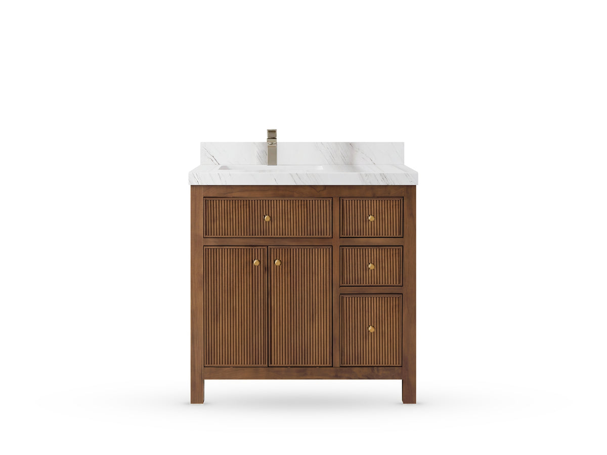 Sonoma Reeded Teak Wood 36 in. W x 22 in. D Left Offset Sink Bathroom Vanity