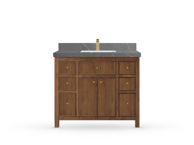 Sonoma42 Dark Natural Teak vanity with Piatra Gray Quartz, Straight / Mitered, front view