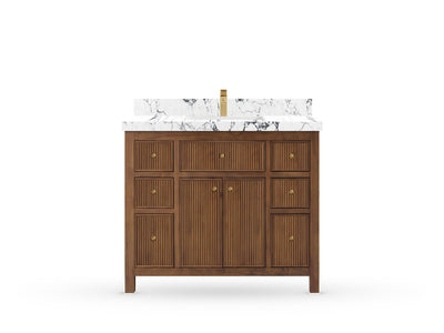 Sonoma42 Dark Natural Teak vanity with Viola Night Quartz, Straight / Mitered, front view