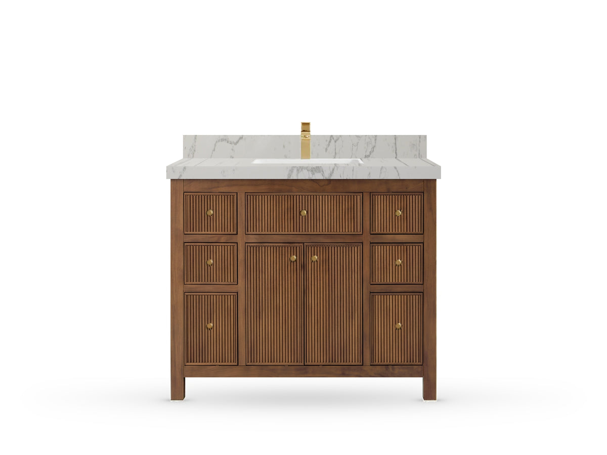 Sonoma42 Dark Natural Teak vanity with Venatino Quartz, Straight / Mitered, front view