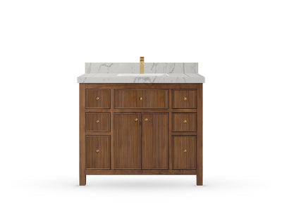 Sonoma42 Dark Natural Teak vanity with Venatino Quartz, Straight / Mitered, front view