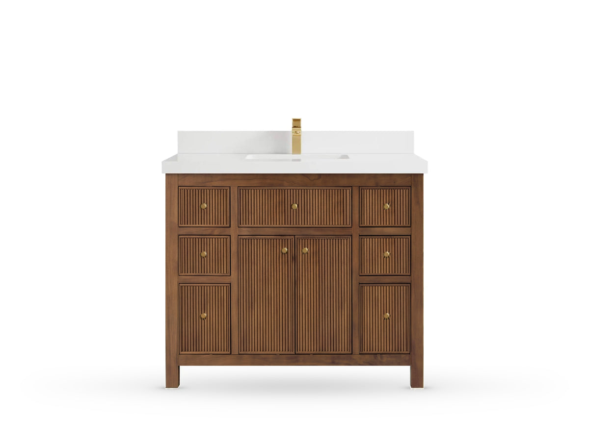 Sonoma42 Dark Natural Teak vanity with White Quartz, Straight / Mitered, front view