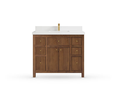 Sonoma42 Dark Natural Teak vanity with White Quartz, Straight / Mitered, front view