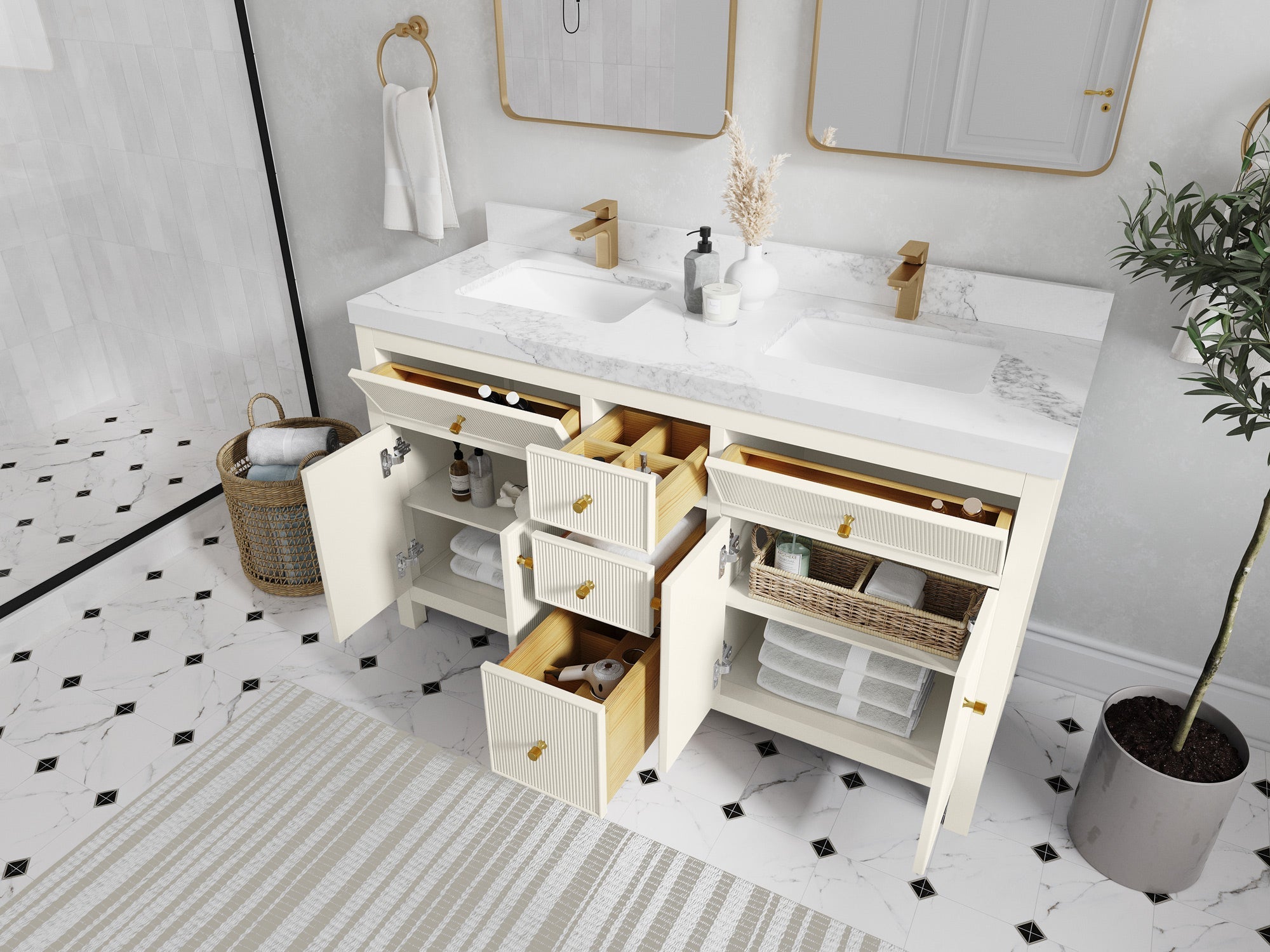 Sonoma 60 in W x 22 in D Free Standing Reeded Double Sink Bathroom Vanity - Willow Bath and Vanity