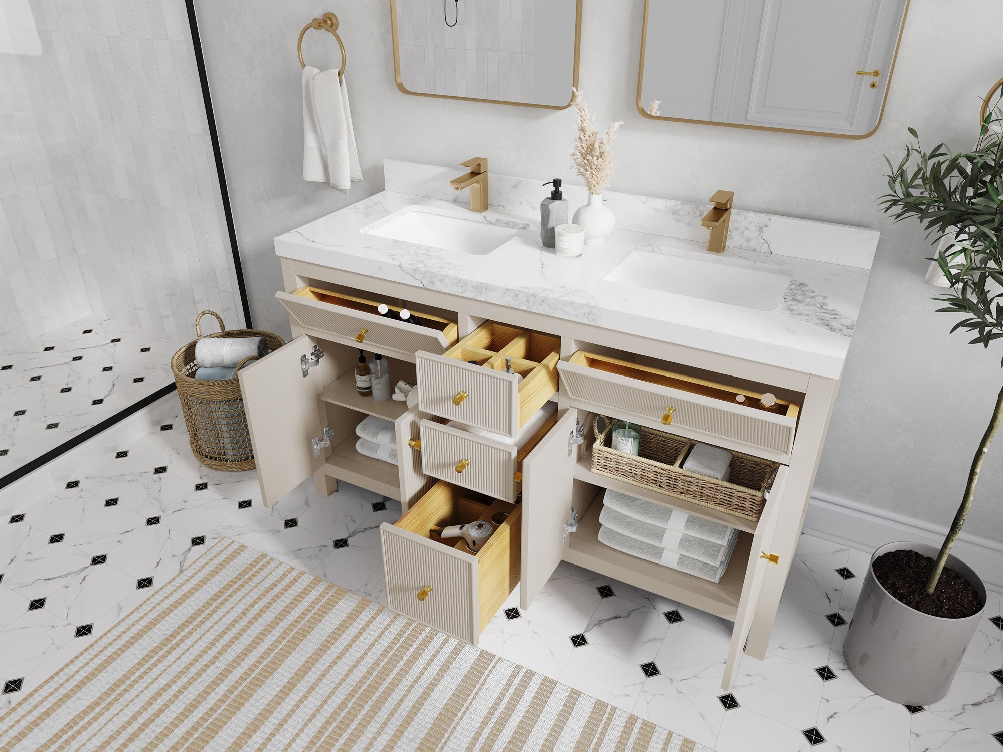 Sonoma 60 in W x 22 in D Free Standing Reeded Double Sink Bathroom Vanity - Willow Bath and Vanity