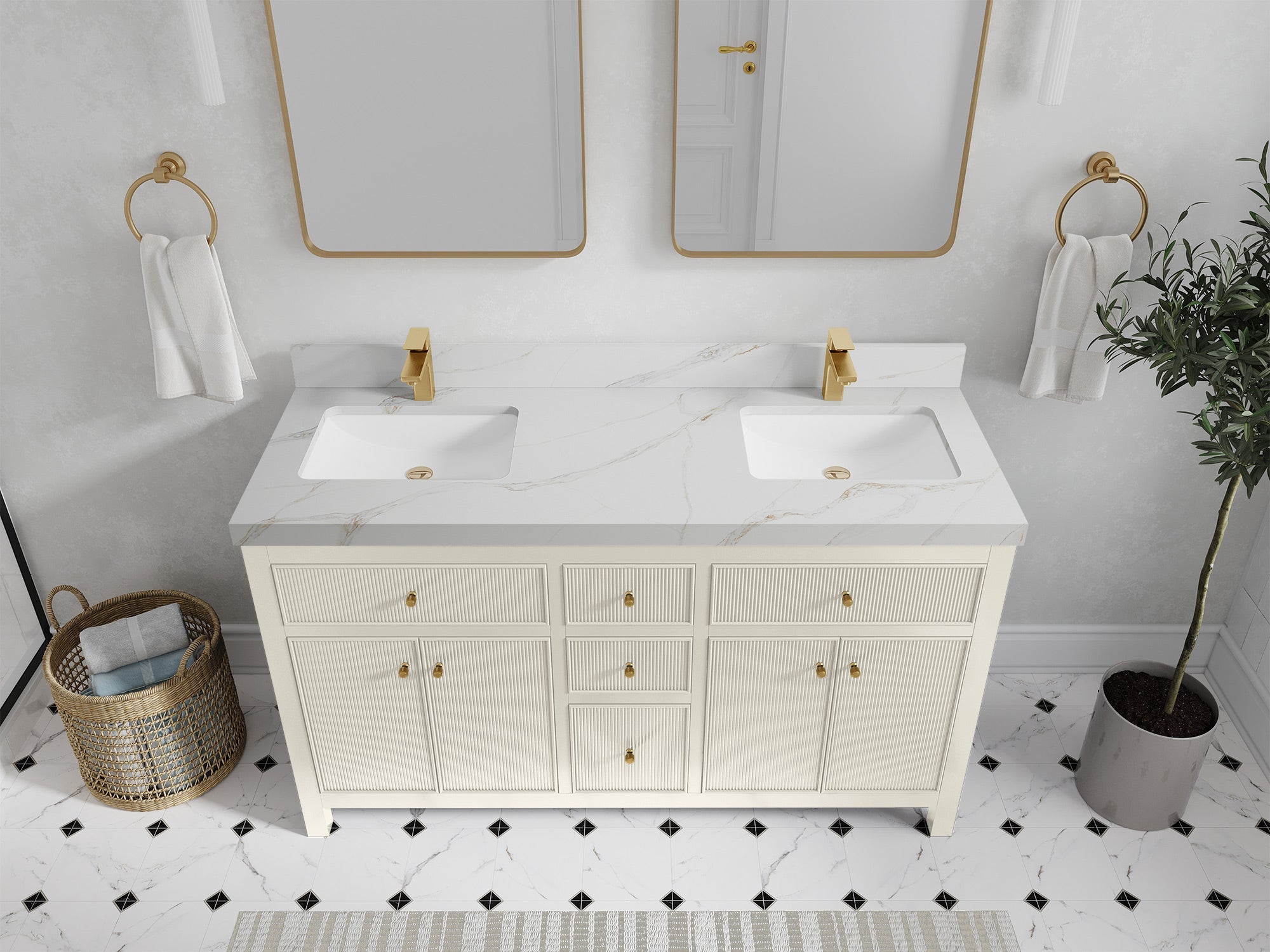 Sonoma 60 in W x 22 in D Free Standing Reeded Double Sink Bathroom Vanity - Willow Bath and Vanity