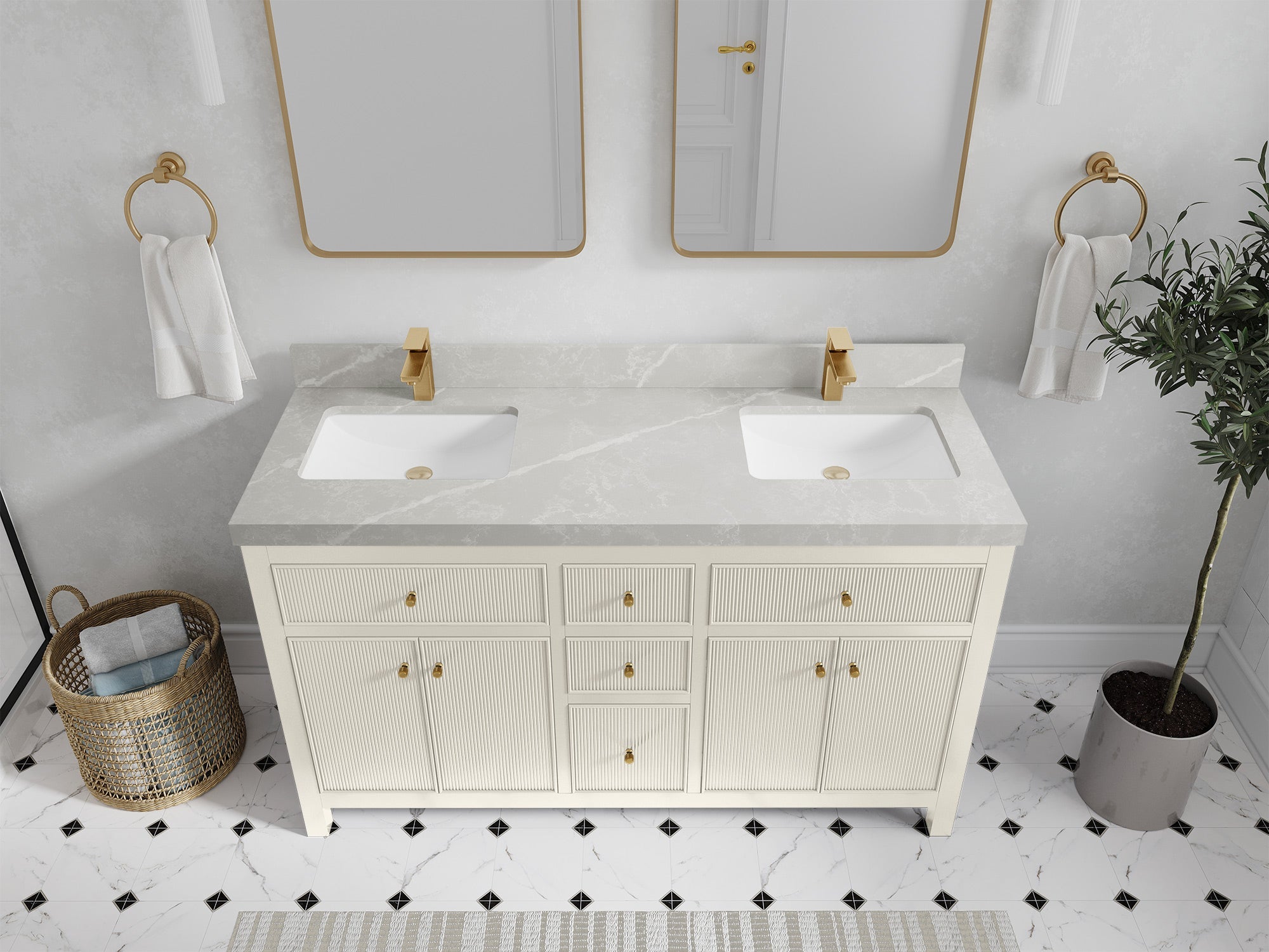 Sonoma 60 in W x 22 in D Free Standing Reeded Double Sink Bathroom Vanity - Willow Bath and Vanity