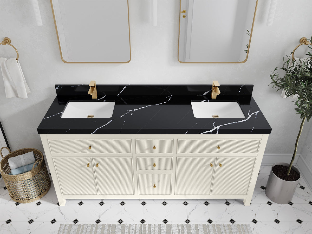 Sonoma 72 inch Alabaster double vanity with Calacatta Black Quartz countertop, elevated view