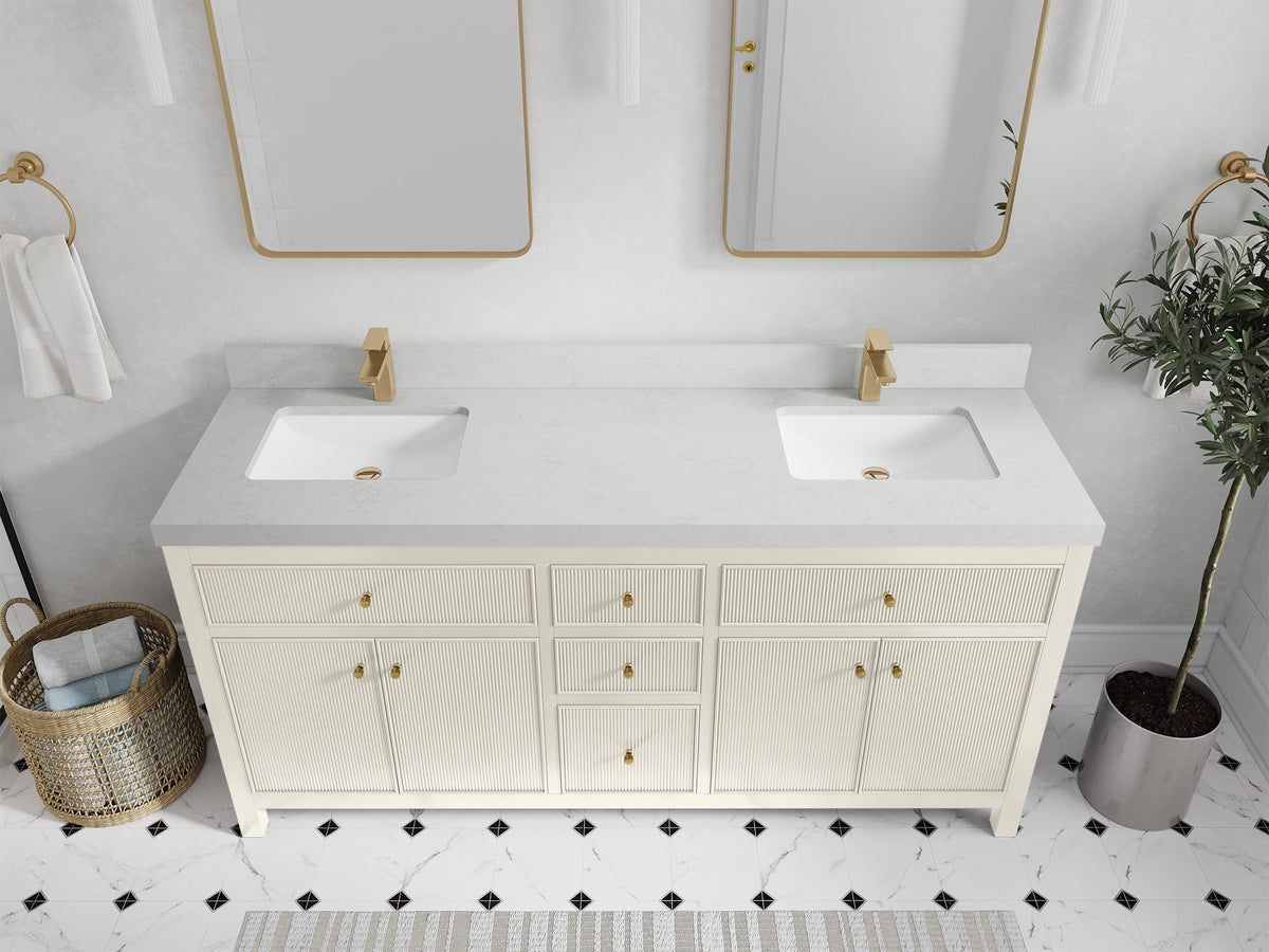 Sonoma 72 inch Alabaster double vanity with Carrara Quartz countertop, elevated view