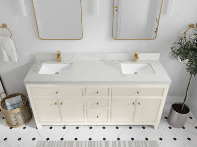 Sonoma 72 inch Alabaster double vanity with Calacatta Nuvo Quartz countertop, elevated view