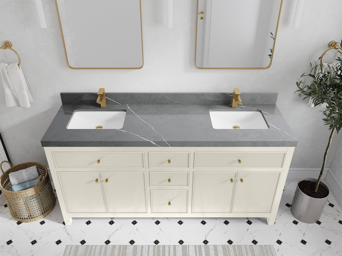 Sonoma 72 inch Alabaster double vanity with Piatra Gray Quartz countertop, elevated view