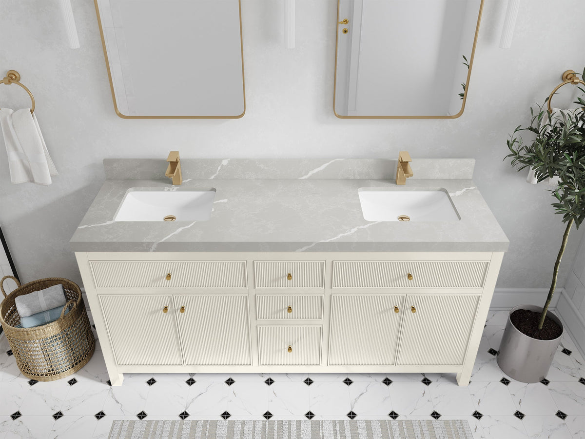 Sonoma 72 inch Alabaster double vanity with Pearl Light Gray Quartz countertop, elevated view