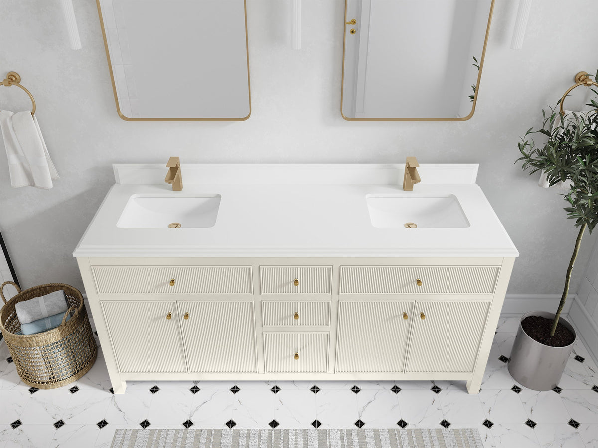 Sonoma 72 inch Alabaster double vanity with DC White Quartz countertop, elevated view