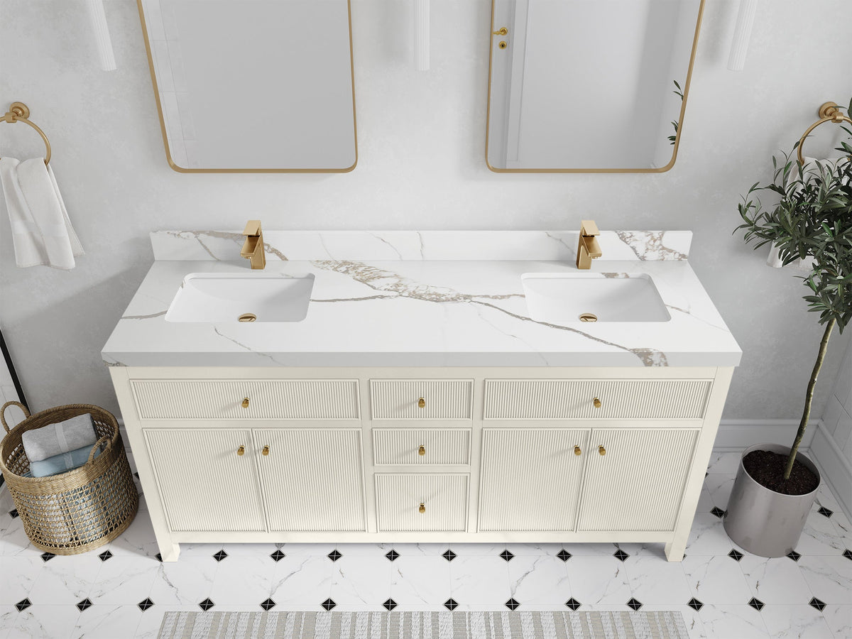 Sonoma 72 inch Alabaster double vanity with Calacatta Gold Quartz countertop, elevated view