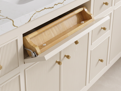 Sonoma Alabaster vanity detail showing the wooden tilt-out tray, curved sides, white bumpers and metal support mechanism