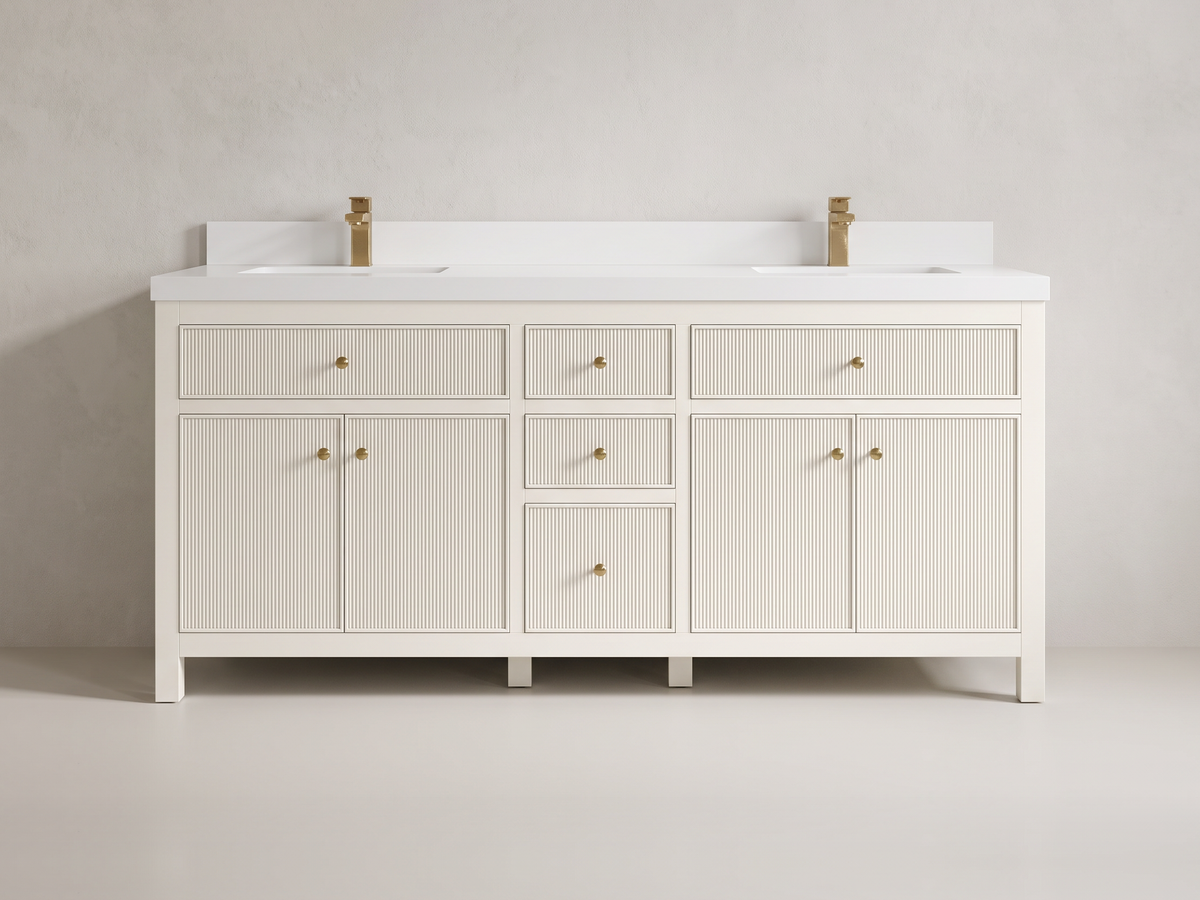 Sonoma 72 inch Alabaster double vanity with White Quartz countertop, centered front view with generous space on linen limewash