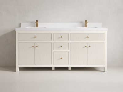 Sonoma 72 inch Alabaster double vanity with White Quartz countertop, centered front view with generous space on linen limewash