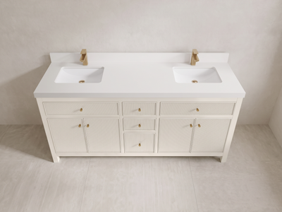 Sonoma 72 inch Alabaster double vanity with White Quartz countertop, elevated closed view with generous space on linen limewash