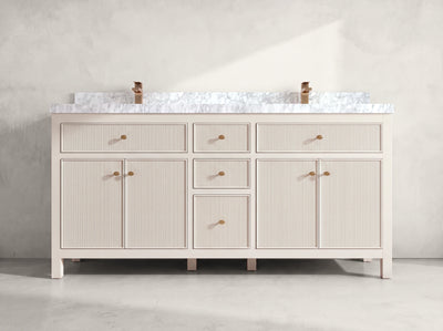 Sonoma 72 inch Alabaster double vanity with Carrara Marble countertop, front view on neutral linen background
