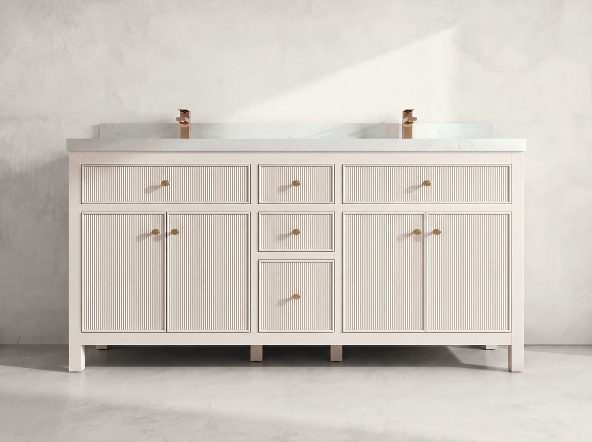 Sonoma 72 inch Alabaster double vanity with Carrara Quartz countertop, front view on neutral linen background