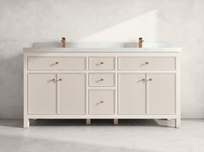 Sonoma 72 inch Alabaster double vanity with Carrara Quartz countertop, front view on neutral linen background