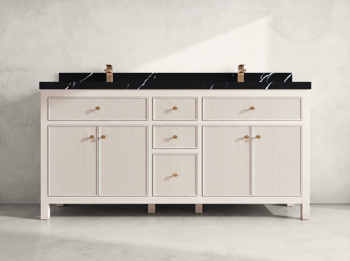 Sonoma 72 inch Alabaster double vanity with Calacatta Black Quartz countertop, front view on neutral linen background