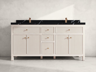 Sonoma 72 inch Alabaster double vanity with Calacatta Black Quartz countertop, front view on neutral linen background