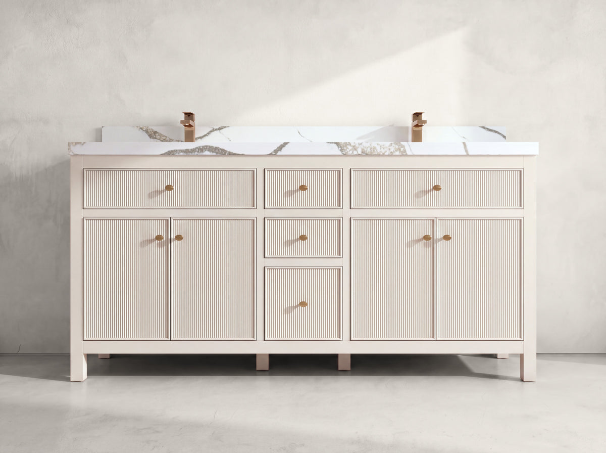 Sonoma 72 inch Alabaster double vanity with Calacatta Gold Quartz countertop, front view on neutral linen background