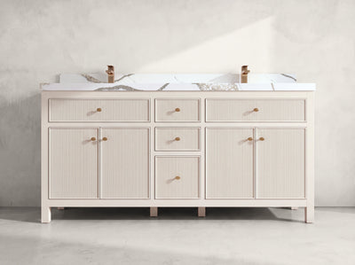 Sonoma 72 inch Alabaster double vanity with Calacatta Gold Quartz countertop, front view on neutral linen background