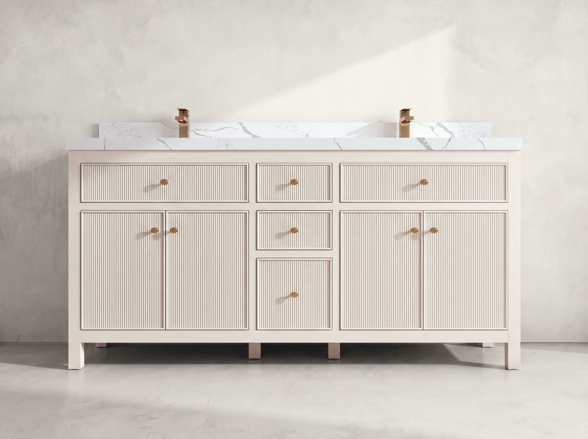 Sonoma 72 inch Alabaster double vanity with Calacatta Laza Quartz countertop, front view on neutral linen background